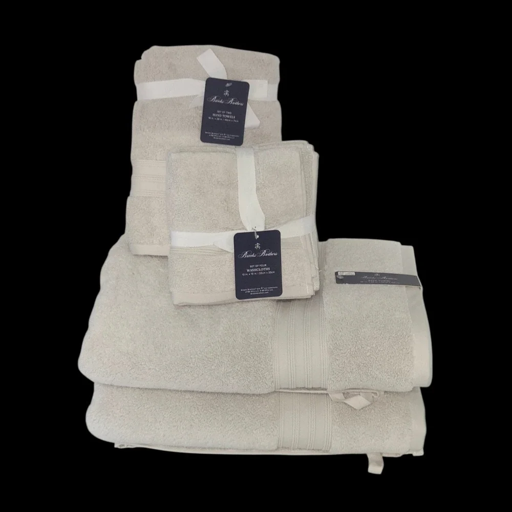 Brooks Brothers 8pc Sand Greige Cotton‎ Towel Set 2 Bath 2 Hand 4 Washcloths